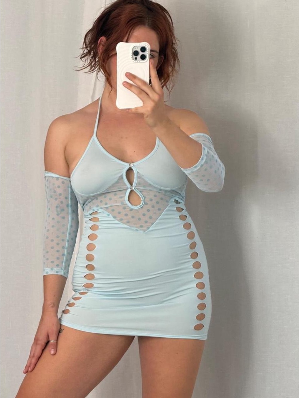 ✿ Mesh Cutout Halter Mini Dress • Baby Blue Club Dress